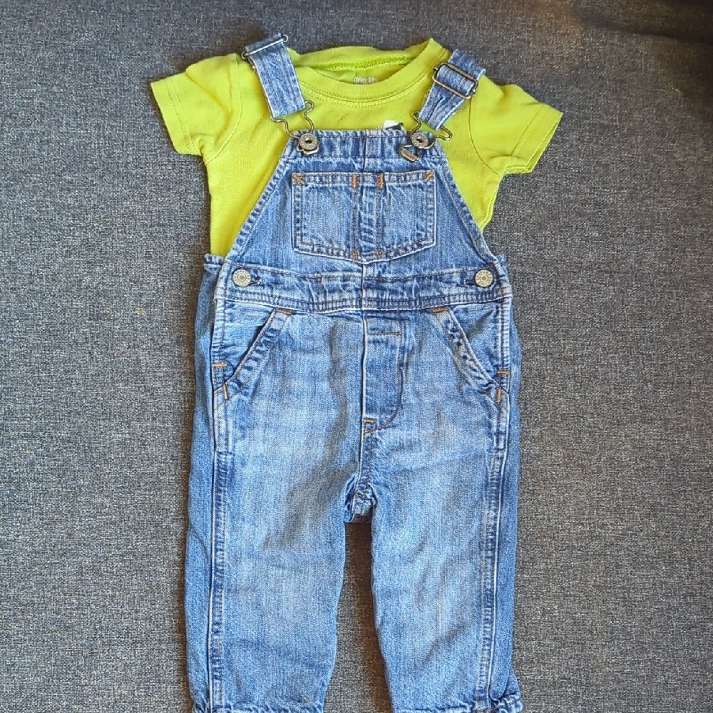 GAP Blue Denim Overalls with Bright Yellow Tee
